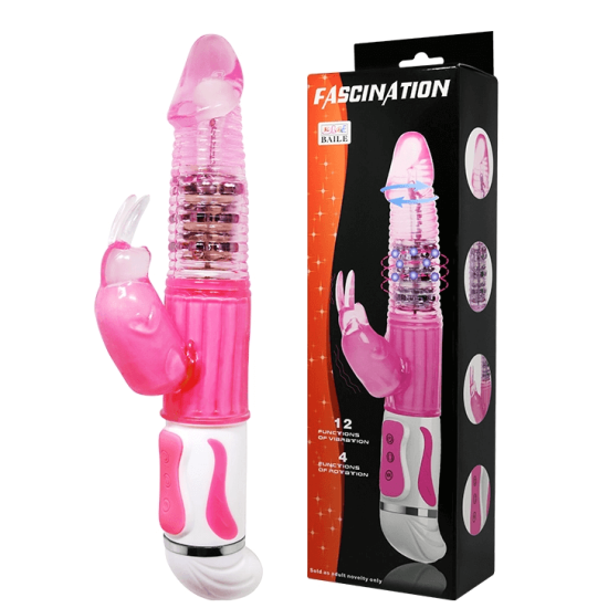 Vibrador Rotativo em Jelly com Estimulador de Clitóris em Formato de Coelho Fascination Rosa LyBaile 28 x 3,8 cm