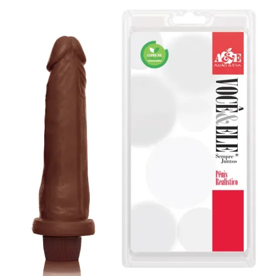 Pênis Realístico 10 com Glande Definida e Vibro Multivelocidade Na Cor Marrom Adão e Eva 18,5 x 4,5 cm