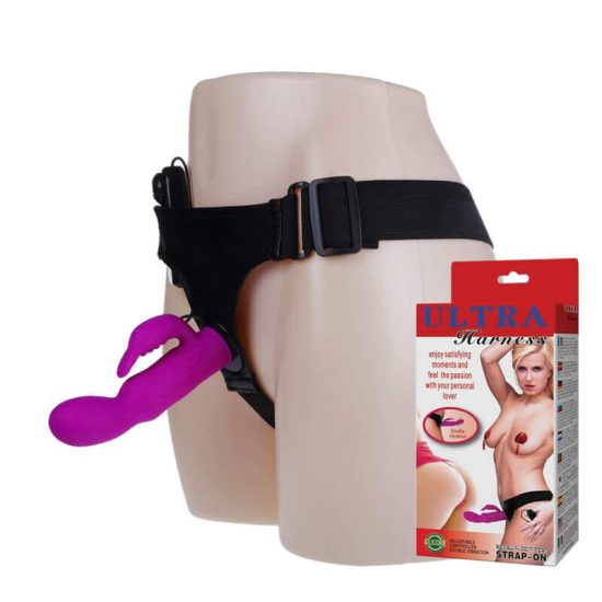 Vibrador com Estimulador Clitoriano Ponto G em Silicone Soft Touch Roxo com Cinta Ajustável Ultra Harness Sensual Confort Strap On 15,5 x 4,5 cm