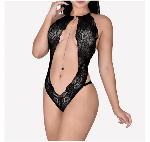 Body em Renda com Regulagem e Joia na Altura do Umbigo na Cor Preto Perfeito Sensualle