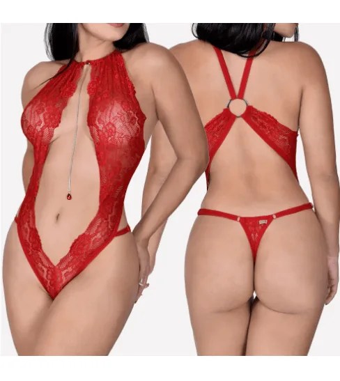 Body em Renda com Regulagem e Joia na Cor Vermelho Perfeito Sensualle