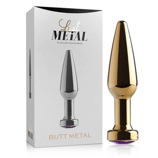 Plug Anal em Metal Dourado com Jóia Roxa na Base Lust Metal Butt Metal 11,2 x 3 cm