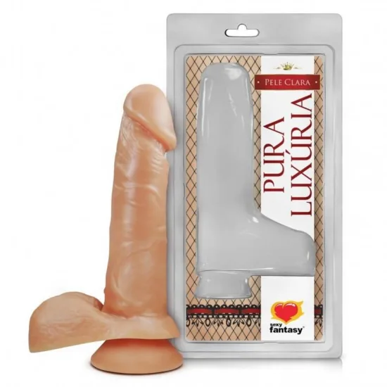 Pênis Realístico com Escroto e Ventosa Bege Pura Luxúria Sexy Fantasy 16 x 3,5 cm