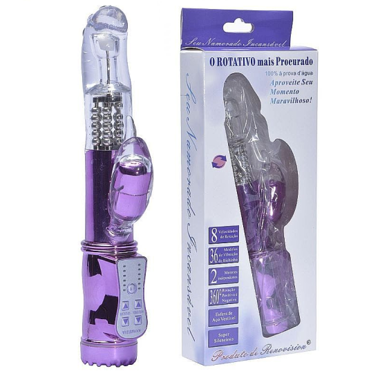 Vibrador Rotativo Ponto G com Estimulador de Clitóris em Formato de Golfinho com 36 Vibrações Roxo Metálico 21 x 3,6 cm