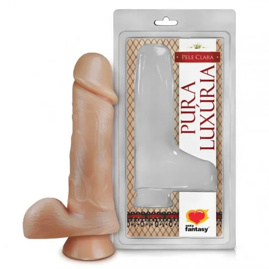 Pênis Realístico em Silicone com Escroto e Ventosa Bege Pura Luxúria Sexy Fantasy 20 x 4,4 cm