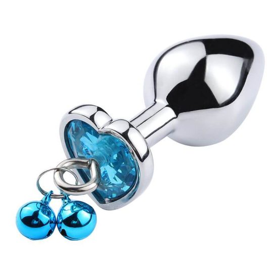 Plug Anal em Aço Formato de Coração com Pedra e Sino Azul 8,1 x 3,4 cm