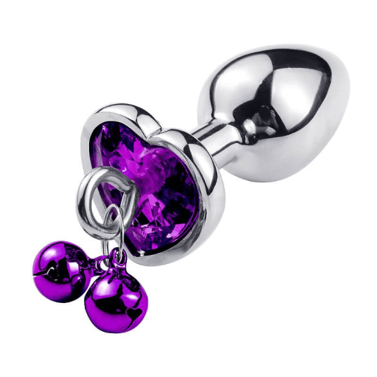 Plug Anal em Aço Formato de Coração com Pedra e Sino Roxo 8,1 x 3,4 cm