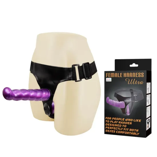 Prótese Dupla com Texturas Ondulares na Cor Roxa e Cinta Regulável Female Harness Ultra