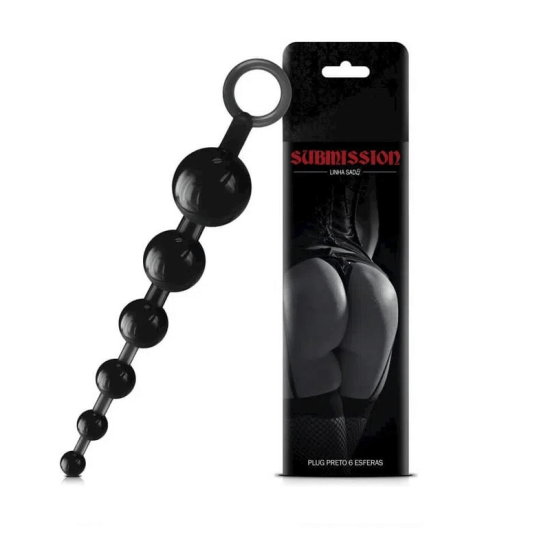 Plug Anal Preto com 6 Esferas Gradativas em TPE Submission Sexy Fantasy 21 x 3,5 cm