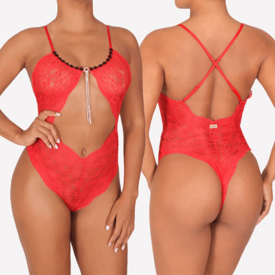 Body em Renda com Guippir e Biju em Strass Babilônia Vermelho Sensualle