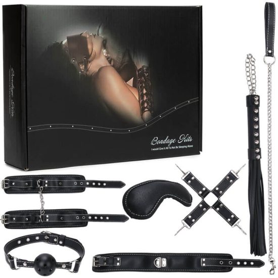Kit Bondage 7 Peças contendo Venda, Mordaça, Chicote, Algema, Tornozeleira, Coleira e Guia 3R Import