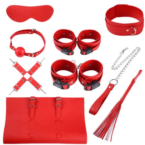 Kit Bondage 8 Peças na Cor Vermelha com Venda, Chicote, Algema, Tornozeleira, Mordaça, Ganchos, Coleira com Guia e Bolsa 3R Import