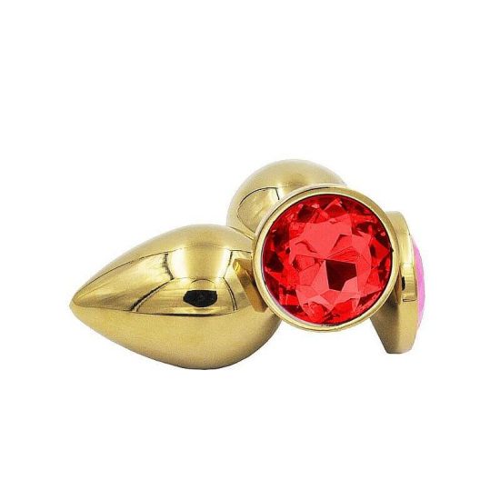 Plug Anal Dourado em Aço Tamanho M no Formato Redondo com Joia na Cor Vermelha 8 x 3,4 cm