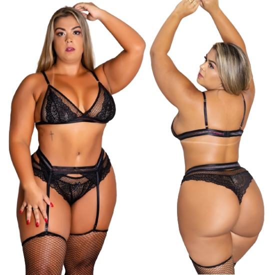 Conjunto Plus Size Sutiã Arrastão com Detalhes em Renda Calcinha em Renda e Arrastão e Cinta Liga Preto Garota Veneno