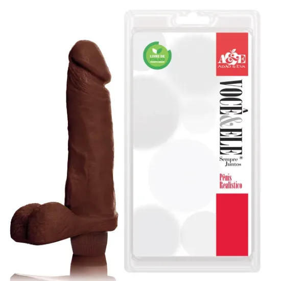 Pênis Realístico 8 com Escroto e Vibro Multivelocidade na Cor Marrom Adão e Eva 20 x 4,5 cm