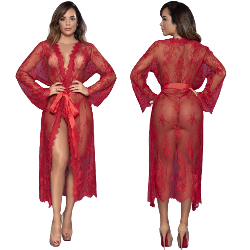 Robe em Tule com Detalhes Rendado de Luxo com Faixa para a Cintura Vermelho Yaffa Lingerie