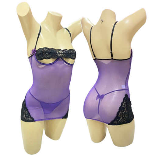 Combinete em Tule Roxo Transparente com Taça de Sustentação, Faixa em Renda e Calcinha Fio Solange Magia e Sedução