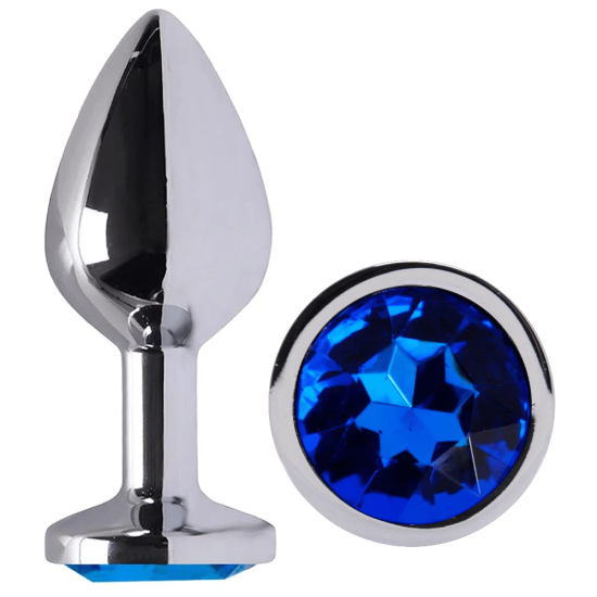 Plug Anal em Ao Redondo com Joia na Cor Azul Escuro Tamanho M 8,2 x 3,4 cm   Sex Shop Flower Love