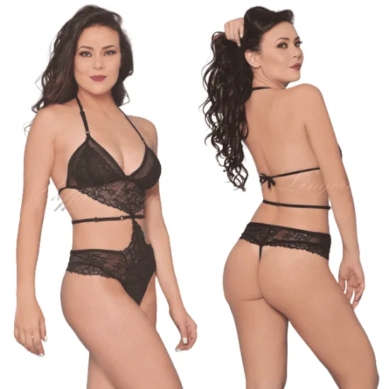 Body em Renda com Detalhes de Tiras na Cintura na Cor Preta Yaffa Lingerie