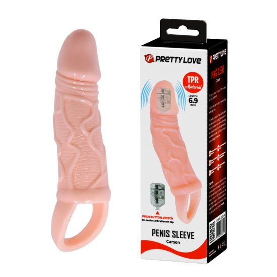 Capa Peniana Extensora com Vibração por Contato e Anel para Escroto na Cor Pele Clara Pretty Love Penis Sleeve Carson 17,5 x 4 cm