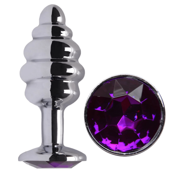 Plug Anal Colmeia Tamanho M em Aço Redondo e Joia na Cor Roxo 8 x 3,5 cm