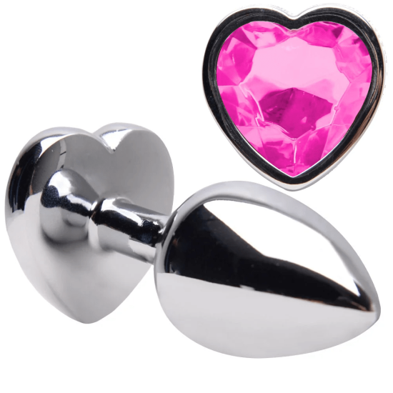 Plug Anal em Aço Tamanho G em Formato de Coração e Joia na Cor Rosa Pink 9  x 4 cm » Sex Shop Flower Love