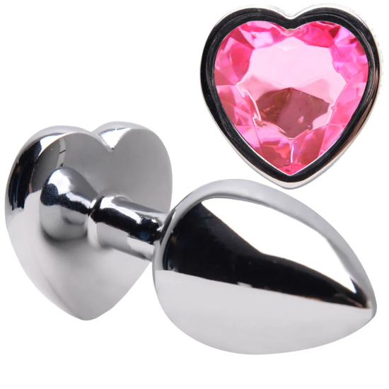 Plug Anal em Aço Tamanho G em Formato de Coração e Joia na Cor Rosa Claro 9 x 4 cm