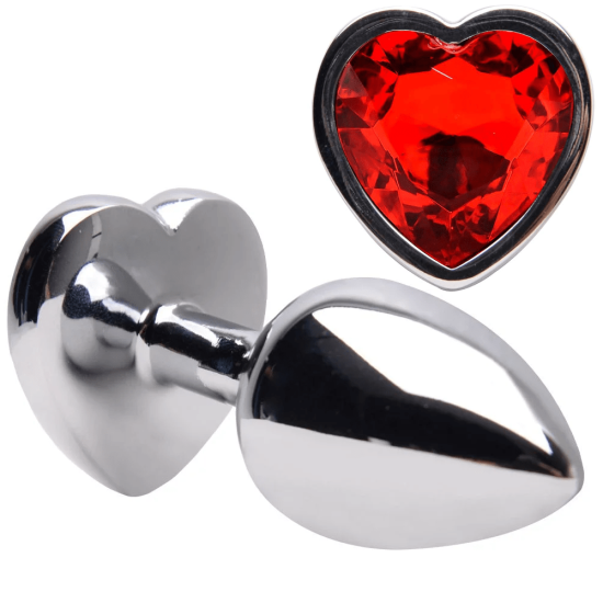 Plug Anal em Aço Coração e Joia na Cor Vermelho Tamanho G 9 x 4 cm