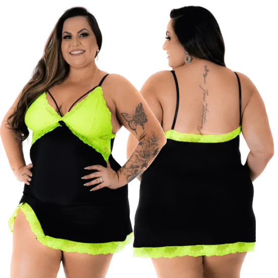 Camisola Sexy Strappy em Renda Floral e Malha Suave com Fenda na Cor Preta com Verde Fluorescente Luiza Plus Pimenta Sexy