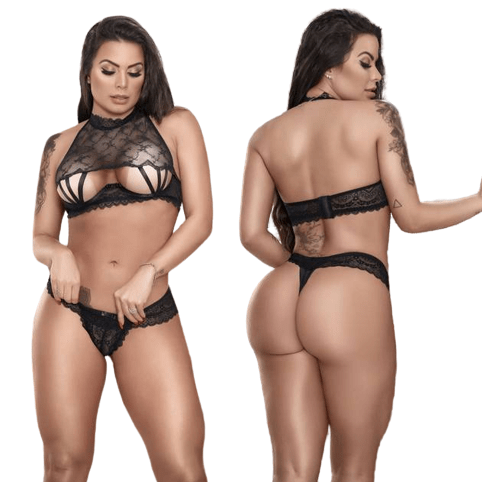 Conjunto com Sutiã Meia Taça, Sem Bojo com Tule, Renda Tiras e Uma Calcinha em Renda Babadinhos na Cor Preta Yaffa Lingerie