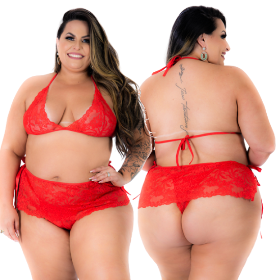 Conjunto em Renda Floral na Cor Vermelha Assanhadinha Plus Pimenta Sexy