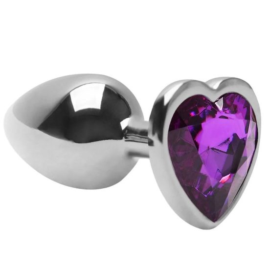 Plug Anal em Aço Tamanho P em Formato de Coração e Joia na Cor Roxo 7 x 2,8 cm