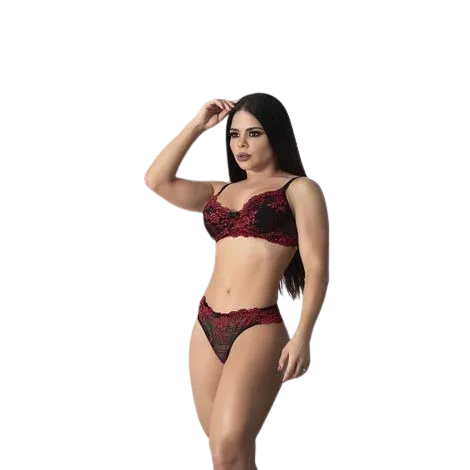 Conjunto Lingerie Bicolor Rendado Yaffa Cor Preto e Vermelho.