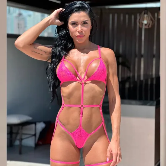 Body em Renda com Tiras e Liga de Perna Conga Rosa Pink Sensualle