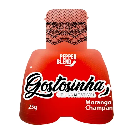 Gel Comestível Para Sexo Oral com Efeito Quente e Sabor  Morango Com Champanhe Hot Gostosinha Pepper Blend 25g.