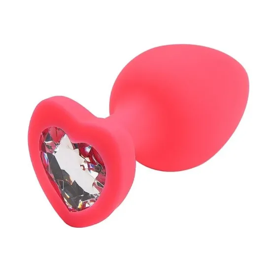 Plug Anal de Coração em Silicone Tamanho M 8cm x 3,4cm Rosa com Pedra