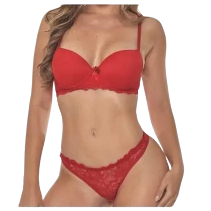 Conjunto em tule liso e renda na cor vermelha - Yaffa Lingerie