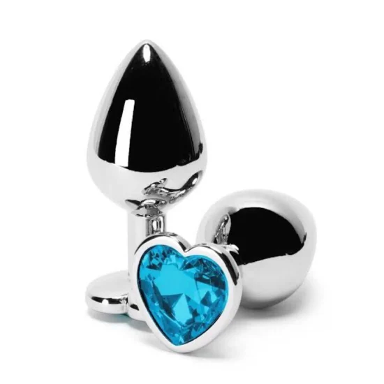 Plug Anal em Aço Coração e Joia na Cor Azul Céu Tamanho M 8 x 3,4 cm