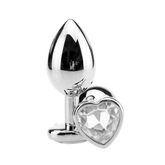 Plug Anal em Aço Coração e Joia na Cor Transparente Tamanho M 8 x 3,4 cm