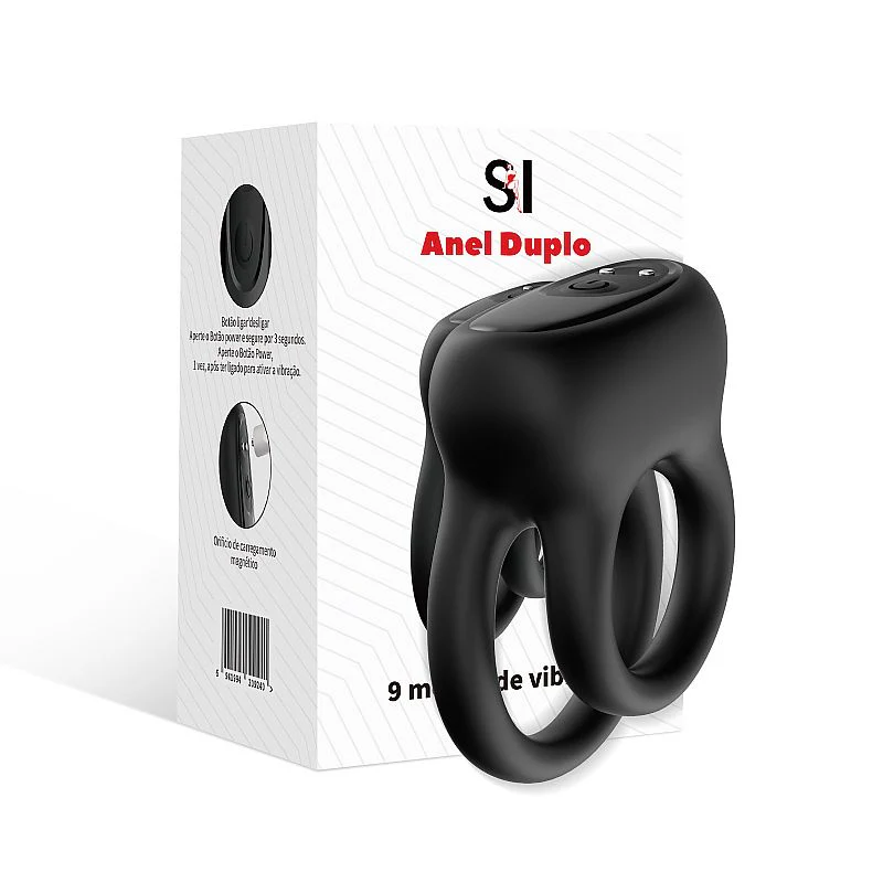 Anel Peniano Duplo em Silicone com Estimulador de Clitóris e 9 Modos de Vibração e Cápsula Removível