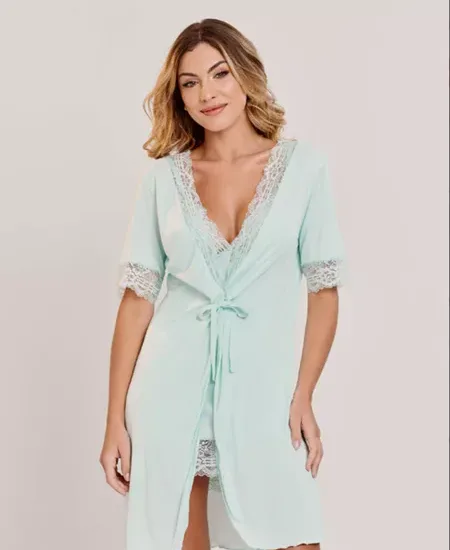 Robe Orquídea em poliamida e renda com amarração e abertura frontal verde Acqua -MIMAR LINGERIE 