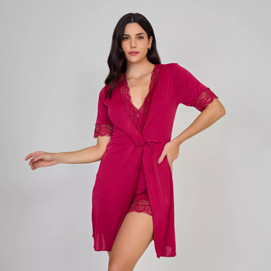 Robe Orquídea em Poliamida e renda com amarração e abertura frontal vermelho grená - MIMAR LINGERIE 