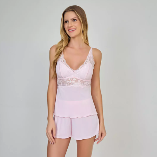 Short Doll Orquídea em poliamida e renda sem bojo rosa crystal - MIMAR LINGERIE