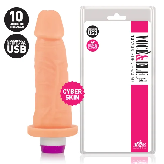 Pênis em CyberSkin® com 10 Modos de Vibração Recarregável 16x4 cm Adão e Eva