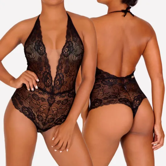 Body Sensual em Renda com Decote Profundo em Tule Invisível - Absoluto