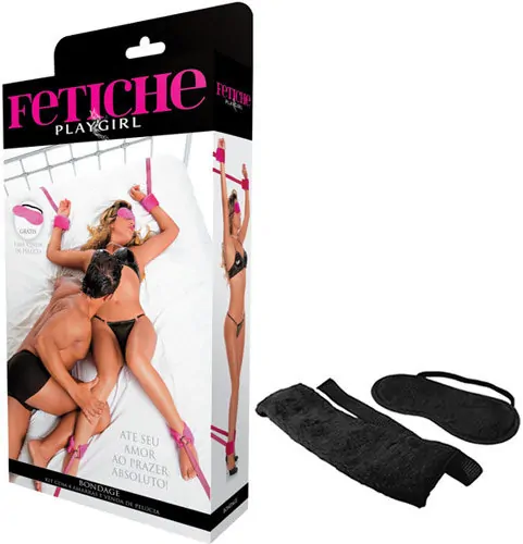 Kit Bondage com 4 Amarras e Venda de Pelúcia Preta Fetiche Playgirl