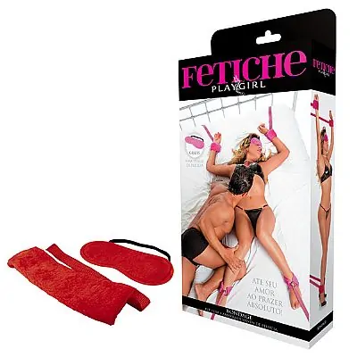 Kit Bondage com 4 Amarras e Venda de Pelúcia Vermelha Fetiche Playgirl