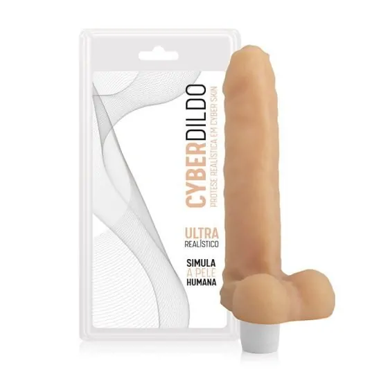 Pênis Realístico em Cyberskin com Escroto e Vibrador Multivelocidade Saturno Adão e Eva 17,5 x 3,5 cm
