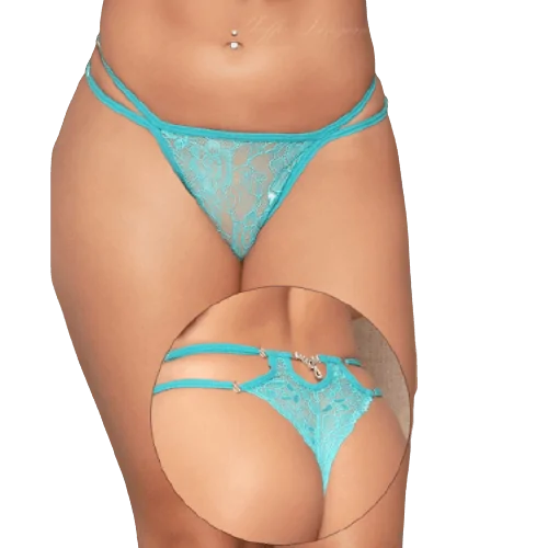Calcinha em Renda Verde Clara com Tiras Duplas Reguláveis com Strass Ziper no Bum Bum Yaffa Lingerie