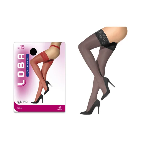 Meia Sensual 7/8 Preta Com Renda Floral e Silicone Fio 15 Loba Lupo